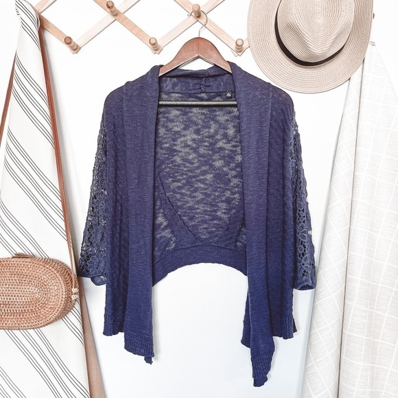 Anthropologie Knitted & Knotted Navy Lace Sleeve Cardigan - Picture 1 of 5